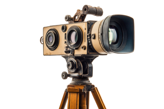 A retro film camera, an old photographic object, sits atop a tripod