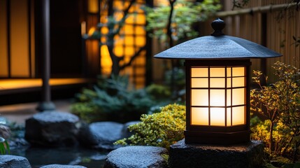 A traditional Japanese lantern glowing softly in a Zen garden at night