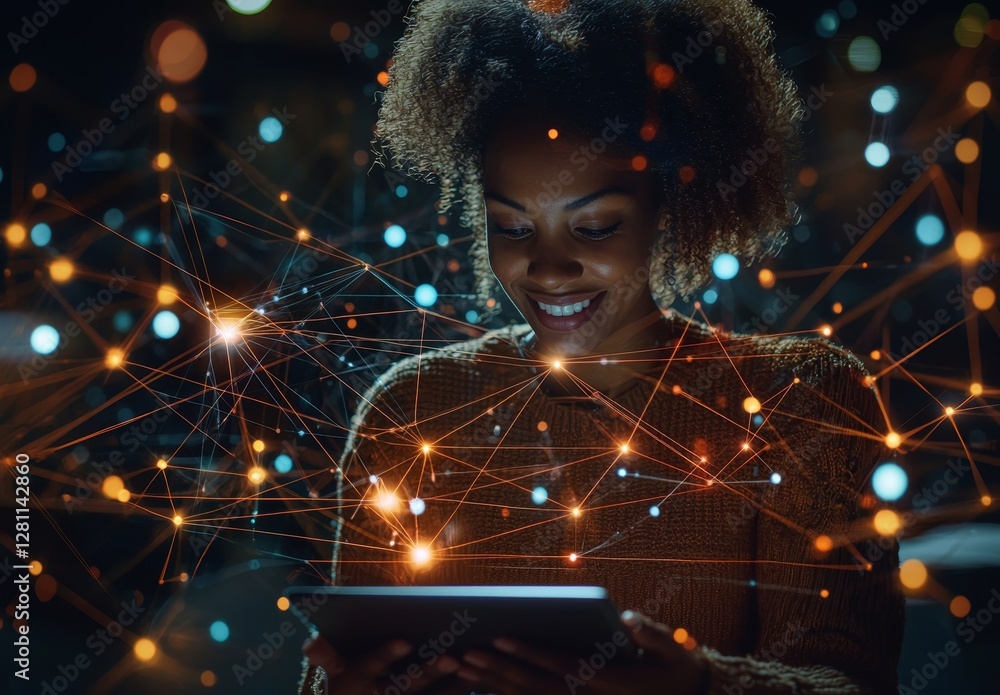 Poster a futuristic social network app where a woman uses a tablet to display a hologram of global user dat