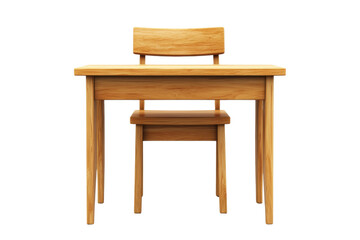 Wooden desk with chair on white background