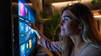 The image with a woman selecting an app on the TV would be suitable for technology and entertainment adverts, as well as articles about modern gadgets and smart homes.