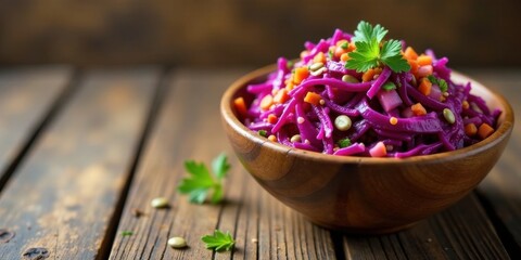 A vibrant purple cabbage salad with carrots and peas, artfully arranged in a rustic wooden bowl, sits on a dark wood surface.