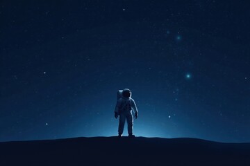A lone astronaut stands on a desolate planet, silhouetted against the backdrop of a star-filled night sky, contemplating the vast expanse of space and the mysteries it holds.