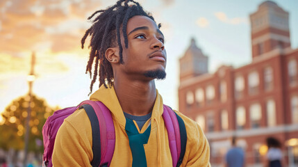 Fototapeta premium Contemplative Student: A portrait of a young man with backpack gazing towards the future at university