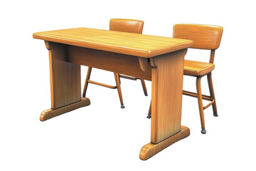 Wooden desk with two chairs, white isolated background