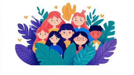 Celebration of friendship and diversity with happy children, foliage and hearts, for cards or print