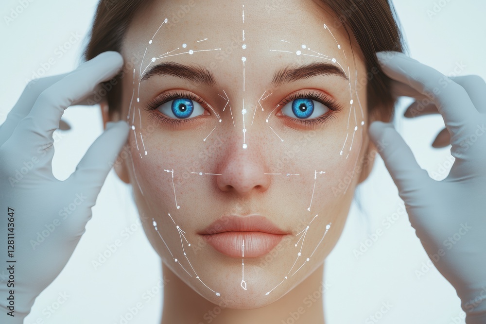 Poster medical illustration of a female face showing precise botox injection points with detailed facial an