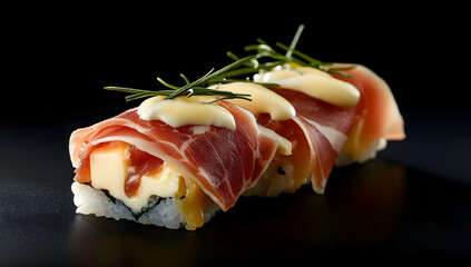 Delicious sushi roll topped with cheese and prosciutto on a sleek black background, showcasing an elegant culinary presentation.