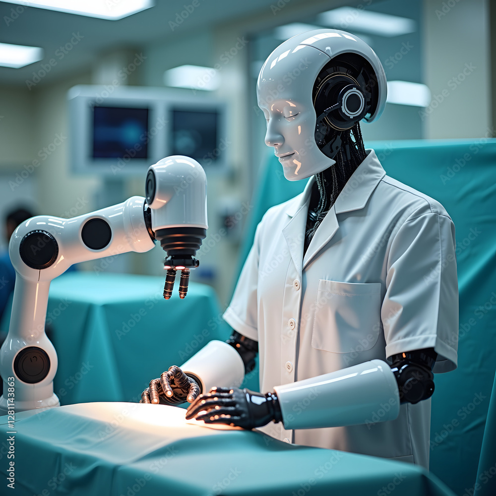 Aufkleber a humanoid robot in a lab coat performs surgery with a robotic arm in a high-tech operating room, sh