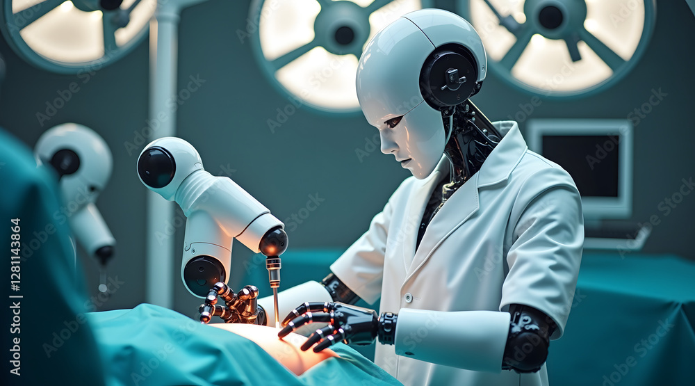 Poster a humanoid robot performs a delicate surgical procedure in a modern operating room, showcasing advan