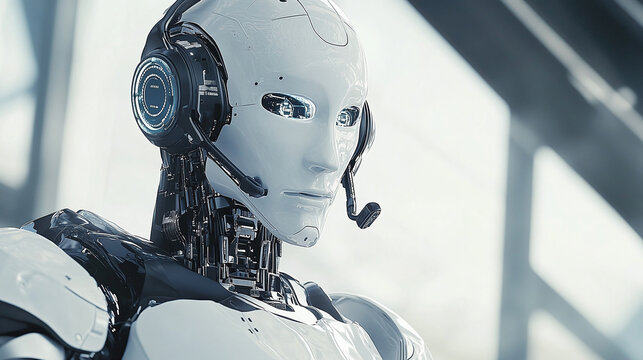 Futuristic Robot Assistant: A sleek, humanoid robot with headset, embodying advanced technology and artificial intelligence for efficient support.