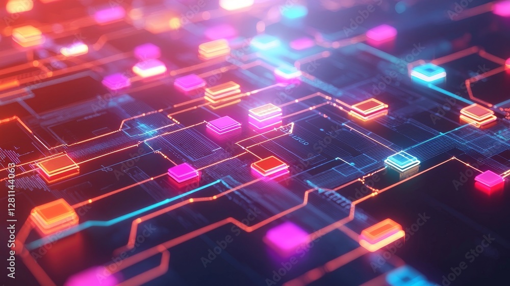 Poster a generative ai-created digital flow chart in vivid colors, used for process management and connecte