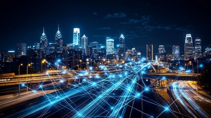 The smart city digital transformation concept. Band lights over a modern urban cityscape at night. New rapid 5G internet communication technology. Fiber optics.