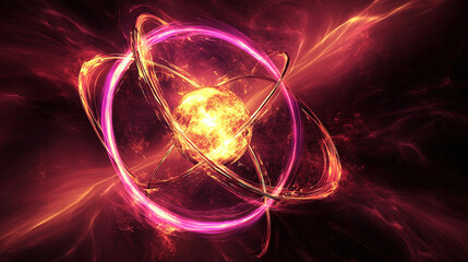 Abstract Atomic Energy: Vibrant nucleus surrounded by luminous orbits, set against a nebula background. A fusion of science and artistry.