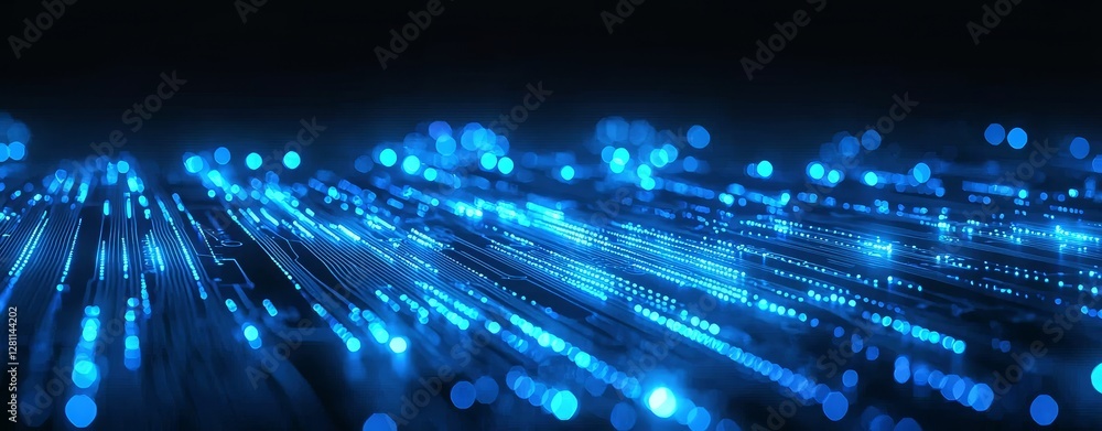 Poster a digital network circuit board background in blue and black with glowing lights and connecting data