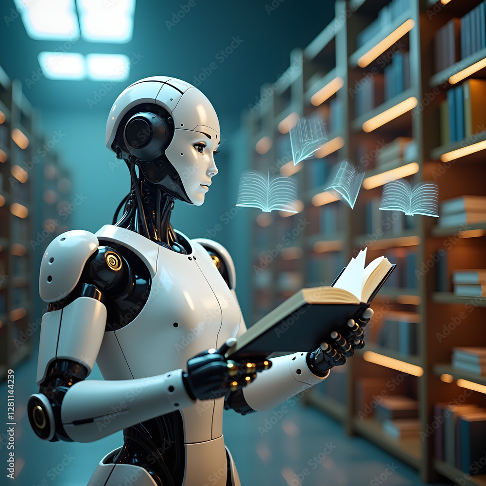 Poster a humanoid robot with a sleek design is reading a book in a futuristic library, surrounded by glowin