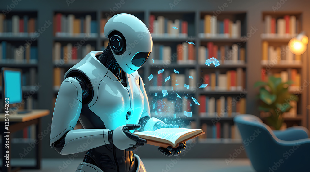 Poster a futuristic robot is reading a book in a library, surrounded by shelves filled with books. light gl