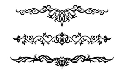 Floral Linear Ornament, Decorative Border, Divider. Hand Draw Vintage Black and White Plant Pattern. Line Art Graphic Element for Tattoos, Invitations, Menus in Retro Design. Classic Calligraphic 