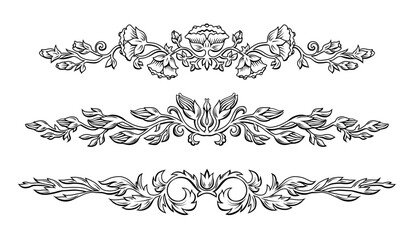 Floral Linear Ornament, Decorative Border, Divider. Hand Draw Vintage Black and White Plant Pattern with Flowers and Leaves. Line Art Graphic Element for Retro Design. Classic Calligraphic Element