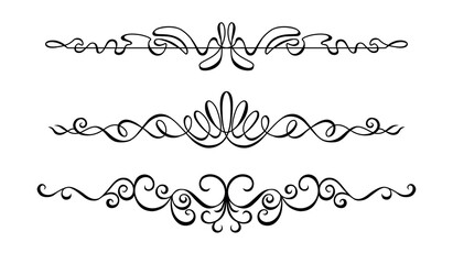 Line Art Ornament, Decorative Border, Divider. Hand Draw Vintage Black and White Curl Pattern. For Tattoos, Invitations, Menus in Retro Design. Classic Calligraphic Element with Wavy Lines