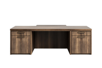 Wooden office desk, white isolated background