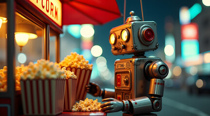 A retro robot stands at a vibrant popcorn stand, eagerly reaching for a large bucket of popcorn, surrounded by colorful lights in a bustling street scene