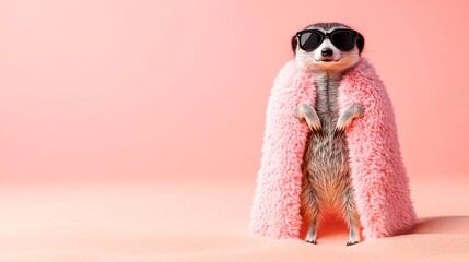 Fototapeta premium Happy Meerkat Standing on Hind Legs in Pink Fur Coat and Sunglasses
