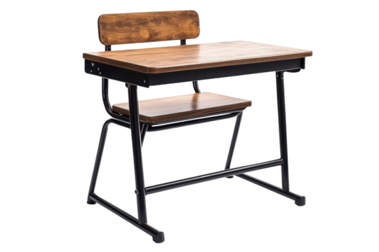 Wooden school desk with metal frame, isolated