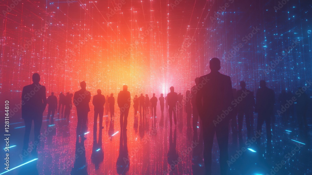 Poster silhouetted figures walking through a vibrant, digital tunnel of light and data streams.