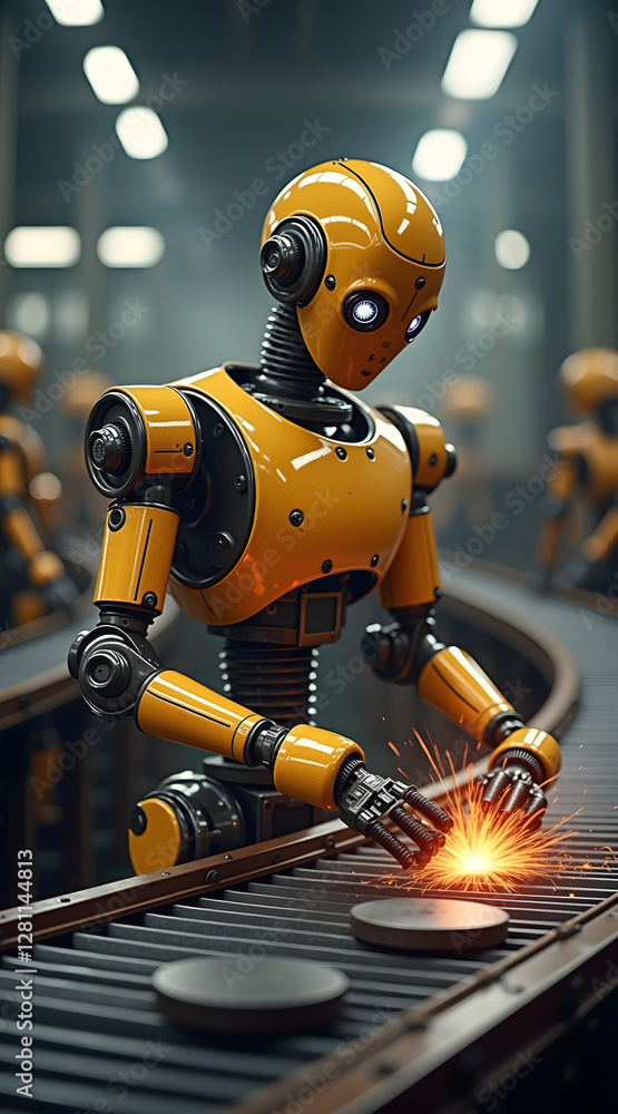 Poster a robotic arm is diligently working on a conveyor belt, producing sparks while assembling circular m