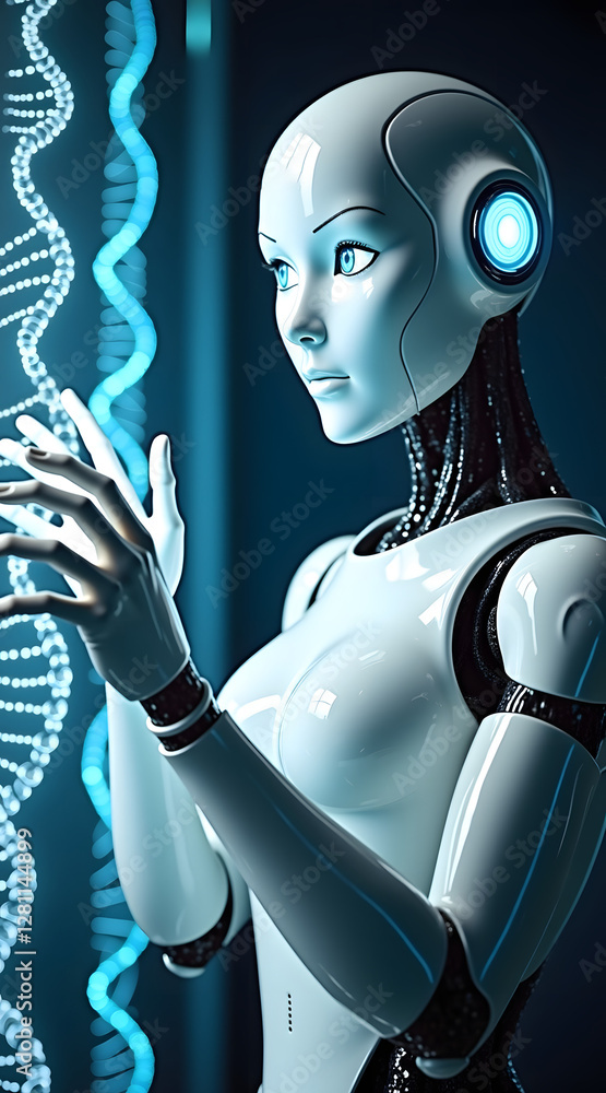 Poster a futuristic robot with a sleek design gazes thoughtfully at glowing strands of light, showcasing a 