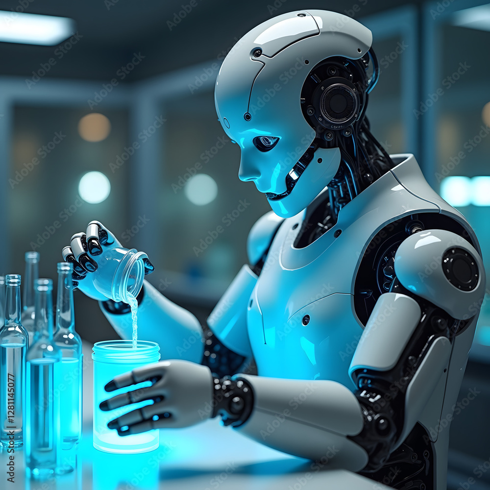 Poster a futuristic robot with sleek design carefully pours liquid from a jar into a glowing container, cre