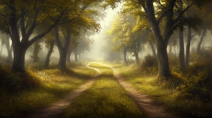 Fototapeta premium Sunlit Forest Path with Foggy Atmosphere