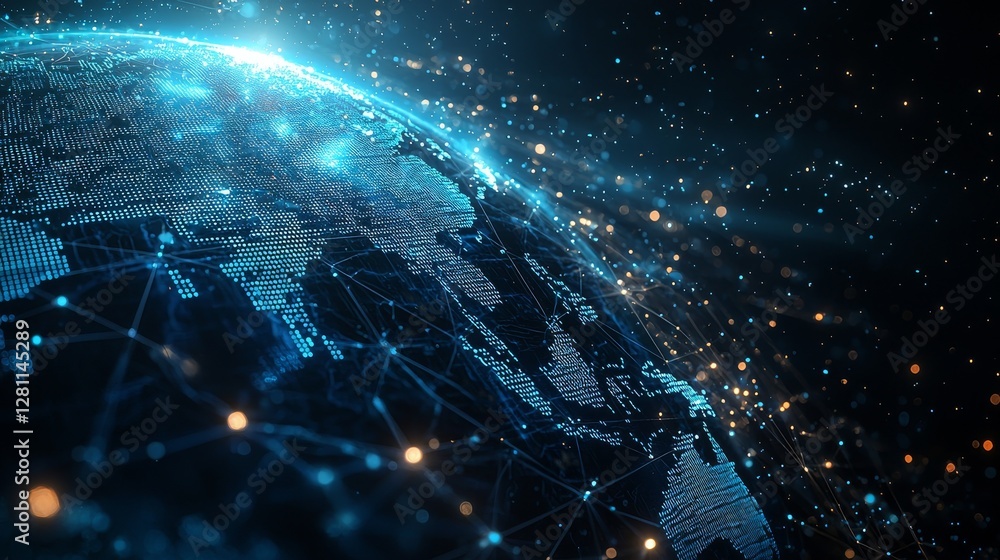 Poster a background themed with futuristic technology, highlighting a global network of communication, wher