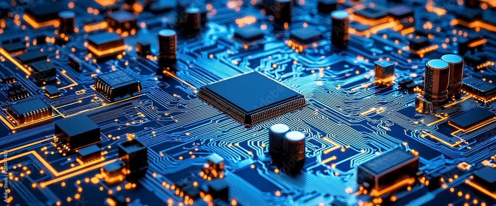 Poster a printed circuit board for a futuristic server, processing code. the background is a vibrant 3d ren