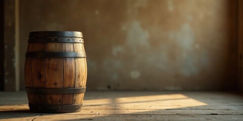 A solitary wooden barrel, its dark iron bands gleaming, rests on a rustic wooden floor, bathed in the warm glow of sunlight filtering through a weathered wall.