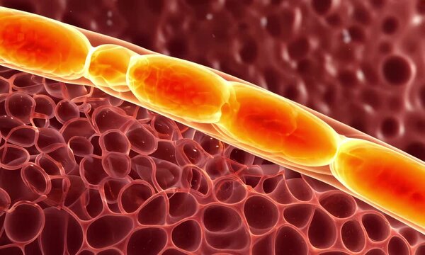A cross-section of a vibrant cell, revealing glowing red and orange layers resembling molten lava. The textures pulsate with life as microscopic details come alive. The camera zooms in
