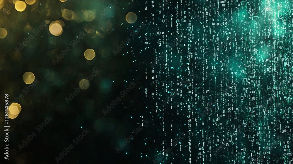 Poster an abstract green digital binary code matrix texture background represents the technology concept, w