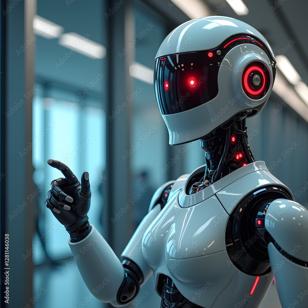 Poster a futuristic robot with a sleek design gestures while standing in a modern interior, showcasing adva