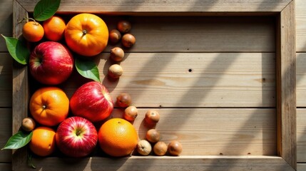A vibrant arrangement of sunlit apples, oranges, and small round fruits nestled within a rustic wooden frame.