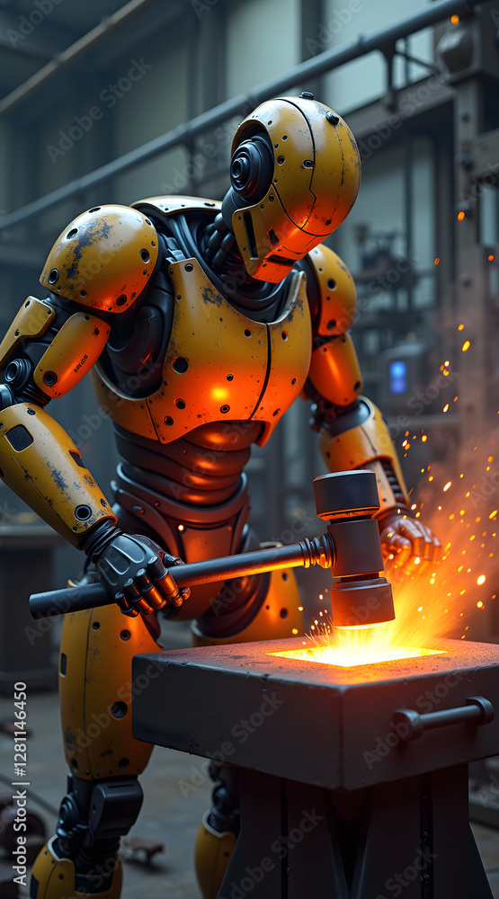 Poster a robot is forging metal in a workshop, creating sparks as it strikes the heated material with a ham