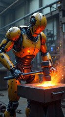 A robot is forging metal in a workshop, creating sparks as it strikes the heated material with a hammer, showcasing a blend of technology and craftsmanship