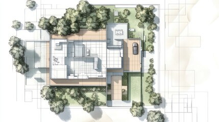 Aerial view of modern house architectural plan with landscaping.