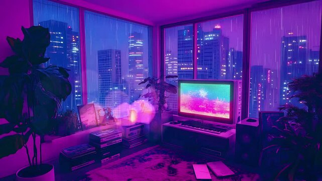Cozy Cyberpunk Room Overlooking Neon City in the Rain. Perfect for lo-fi, synthwave, and chill music. Seamless looping time lapse animation video background, lo-fi art.

