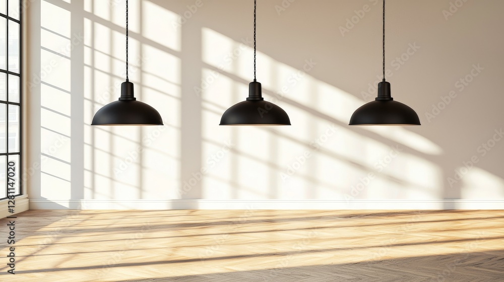 Poster three black pendant ceiling lights suspended from the ceiling cast subtle shadows on a smooth white 