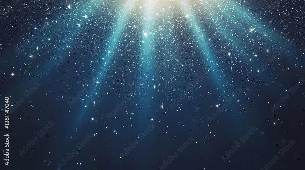 Poster glowing light rays spread across a deep blue abstract background, producing a mesmerizing and energe