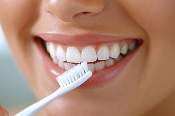 Fototapeta premium Healthy teeth and morning routine care. Woman brushing teeth with toothbrush and looking in mirror in bathroom, Generative AI