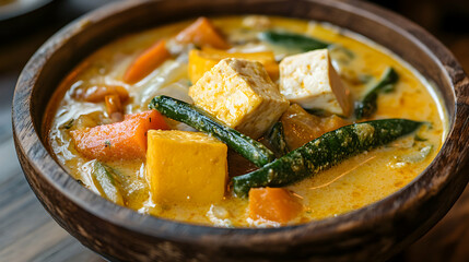 Serving of Vegan Coconut Curry with Tofu and Vegetables in Bowl