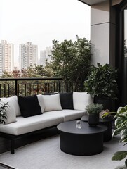 Modern balcony space with a sofa and apartment buildings