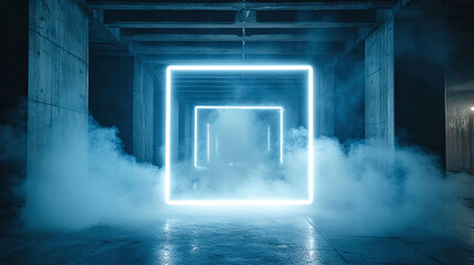 Fototapeta premium Illuminated squares guide through a smoky, geometric void. Concrete structure & neon lights converge to evoke mystery and depth.